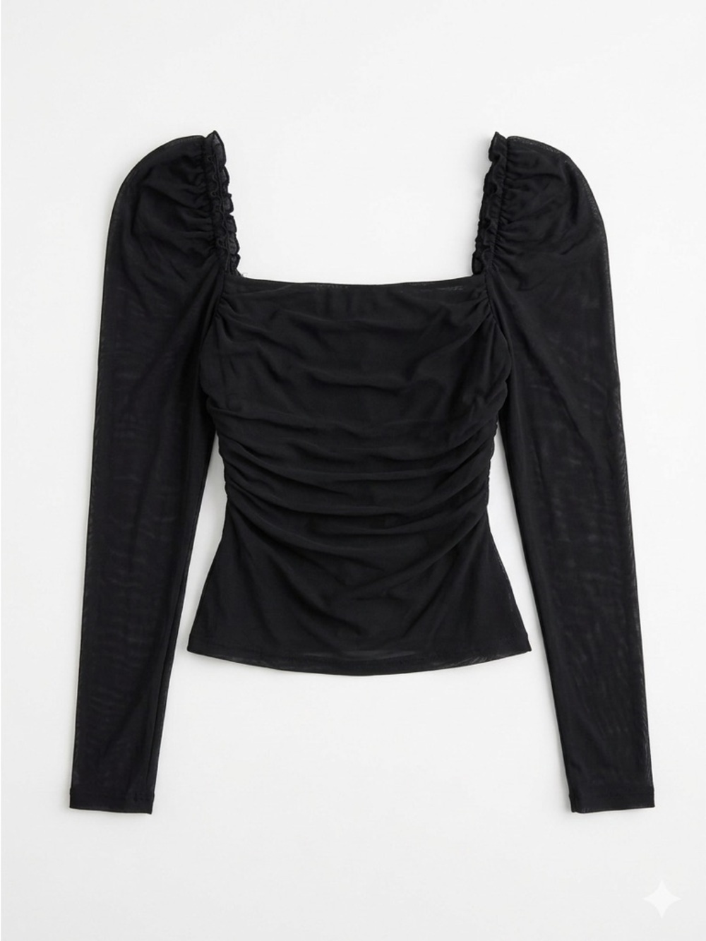 SHEIN Romantic Goth Ruched Mesh Long Sleeve Puff Blouse Black Whimsigoth Sz L